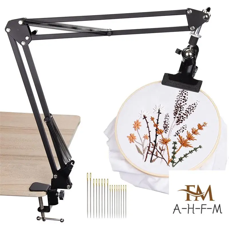 Adjustable Metal Embroidery Hoop Stand, Folding Embroidery Hoop Holder And 16 Pieces Needles