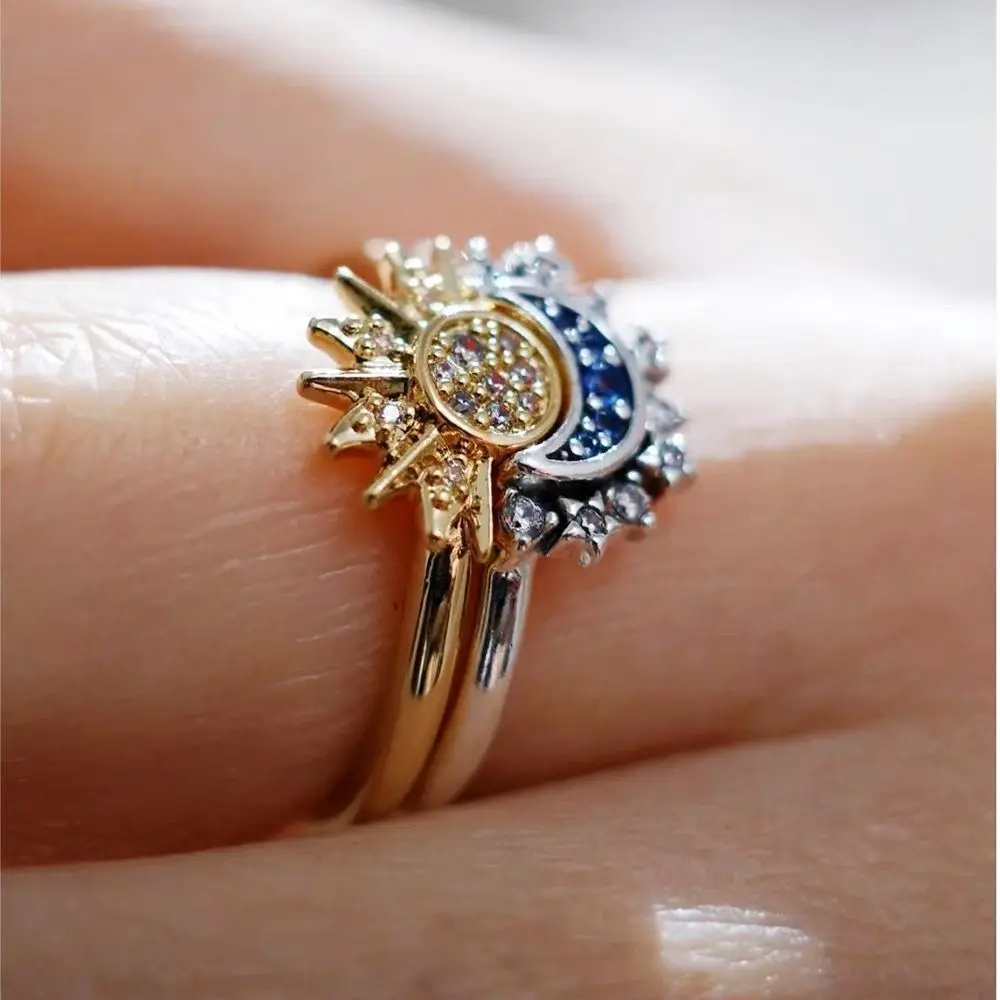 

Rhinestone Sun Ring Moon Finger Ring Crystal Star Ring Couple Adjustable Ring Celestial Ring Set Fashion Jewelry