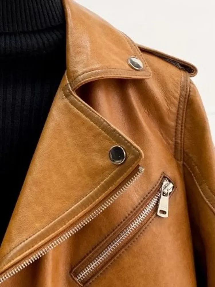 High Street Women Genuine Leather Jacket Zip Turn-Down