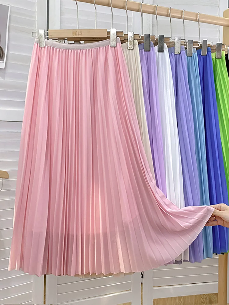 Croysier Women Elegant Mid Calf Length Long Pleated Skirt Elastic High