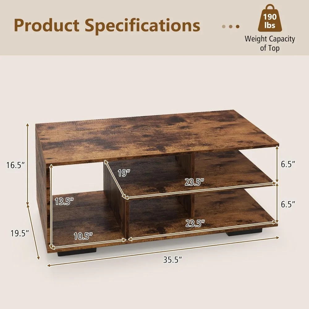 Mid Century Modern coffee table with storage shelves,  3-tier rectangular wooden tea table for living room, apartment 3