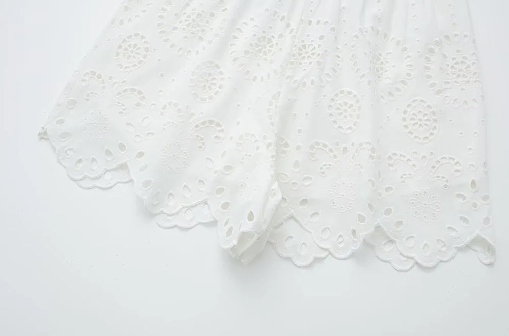 TRAF Women Fashion Cutwork Embroidery Shorts Summer Vintage High Elastic Waist with Drawstrings Female Casual Short Pants Mujer