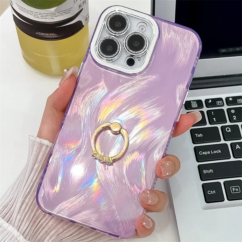Coque de téléphone Camlet Feather Ring Holder Laser pour iPhone 16 Plus 15 14 13 Pro Max Hard PC Glitter Camera Protection Back Cover_voghion.com