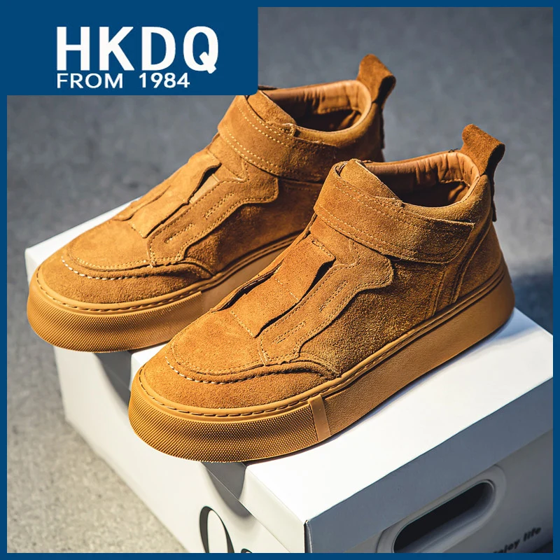

HKDQ Autumn Winter Suede Men's High Platform Shoes Fashion Khaki HOOK&LOOP Casual Sneakers For Man Outdoor Skateboard Shoes Men