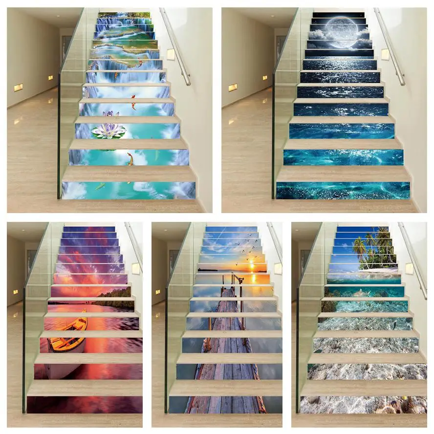 6/13pcs Scenery Pattern Stairs Cover Stickers Peel & Stick Vinyl