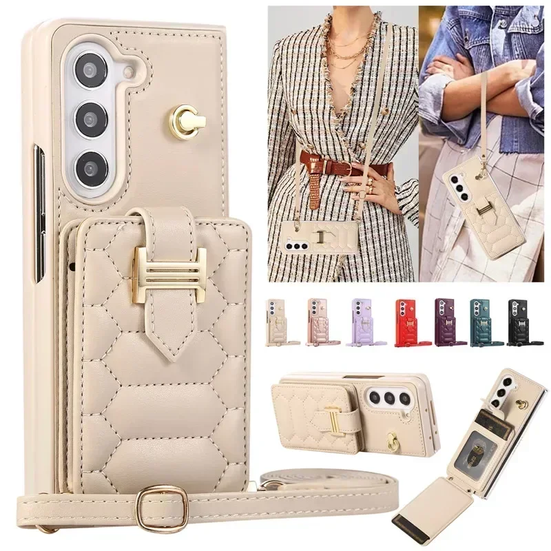 

Crossbody Lanyard Leather Purse Phone Case for Samsung Galaxy Z Fold 5 4 3 Fold5 Fold4 Fold3 Wrist Rope Wallet Card Cover Hoesje