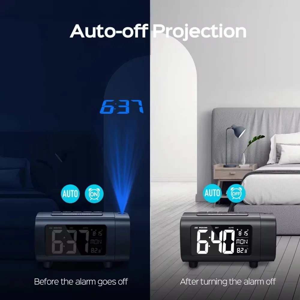 180° Projection Alarm Clock Radio Function Snooze Mode Electronic Digital Alarm Clock USB Charging Bedroom Bedside Table Clock 3