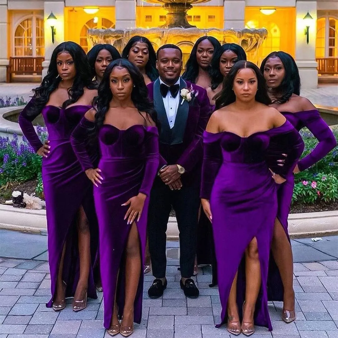 

Sexy Long Purple Velvet Mermaid Bridesmaid Dresses Side Slit Floor Length Zipper Back Pleated Robes de Soirée for Women