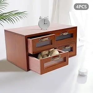 16-Schubladen Holz-Aufbewahrungsbox mit transparenter Tür, 4-teiliger 4-Fächer Schreibtisch-Organizer, Literaturhalter & Schreibtisch-Schubladeneinheit für Zuhause – Detail 3