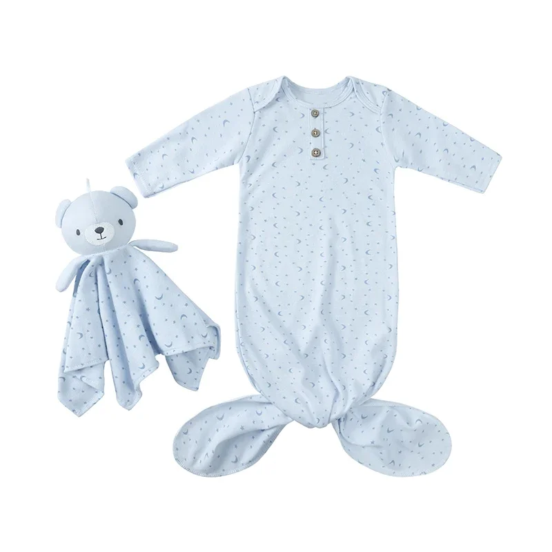 0-6M Baby Boys Girls Sleepsacks＋Bear Doll Soothing Towel Newborn Cartoon Print Sleep Sack Infant Warm Soft Cute Sleeping Bag