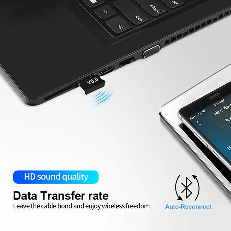 Bluetooth Audio Adapter Wireless 5.0 USB Dongle Receiver Transmitter Support Win10 Bluetooth Headset