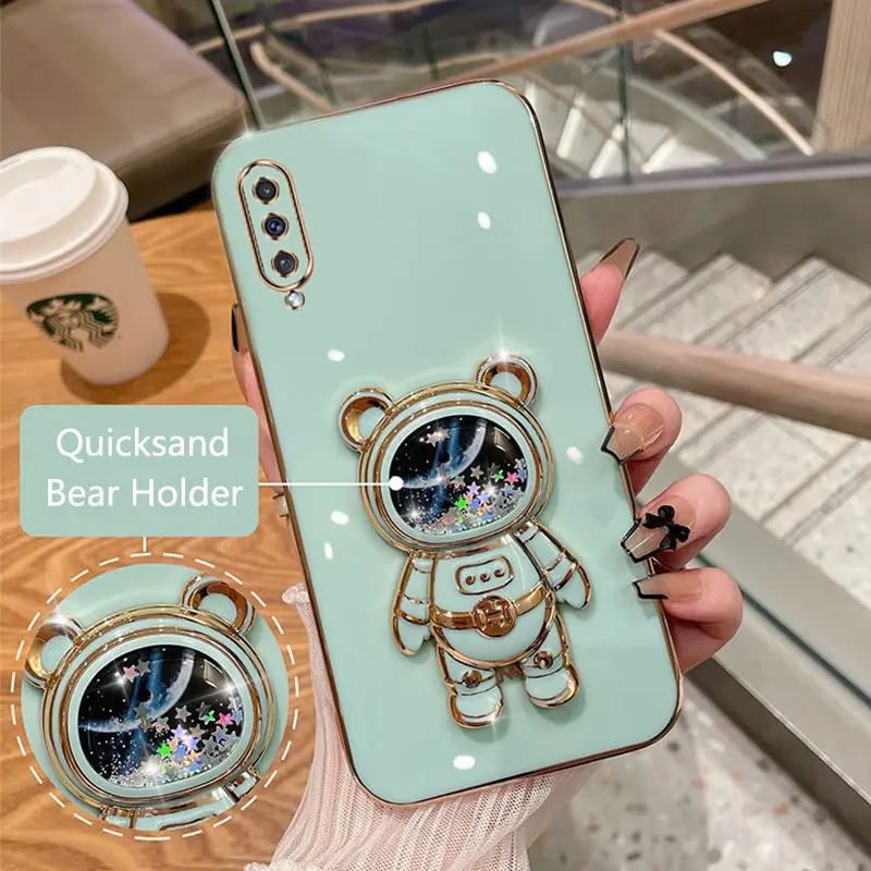 

Phone Case For Samsung Galaxy A50 A50S A30S Soft Silicone Luxury Plating Cartoon Bear Fold Stand Phone Case Cover