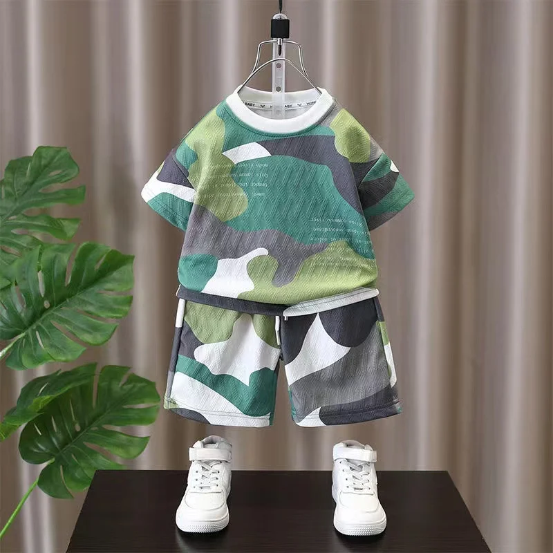

Boys And Girl Summer Camouflage Set 2024 New Stylish Clothes Handsome Childrens Clothing Summer Baby Short Sleeved Two-piece Set