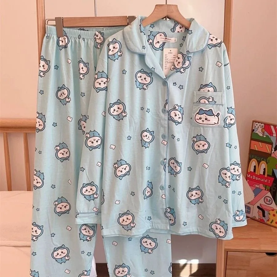 

1 Set ハチワレ ちいかわ Women's Pajamas Suit Anime Kitted Kawaii Spring Summer Long Sleeves Long Pants Homewear Soft Girls