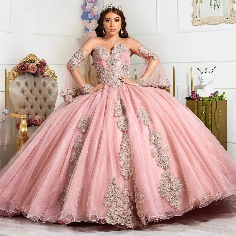 

Pink Sparkly Princess Quinceanera Dresses Ball Gown Sweetheart Tulle Appliques Sweet 16 Dresses 15 Años Mexican