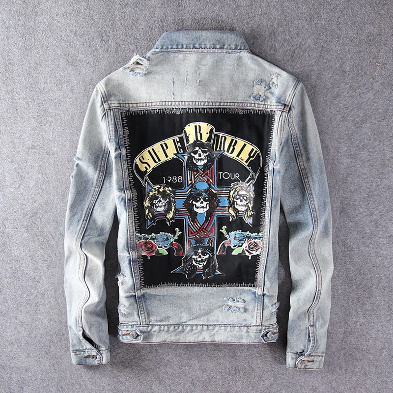 Streetwear Fashion Men Jacket Retro Gray Blue Patches Designer Ripped Denim Jacket Men Skull Printed Hip Hop Chaquetas Hombre fashion designer men jeans retro stretch slim fit painted ripped jeans men korean style vintage casual denim pants streetwear