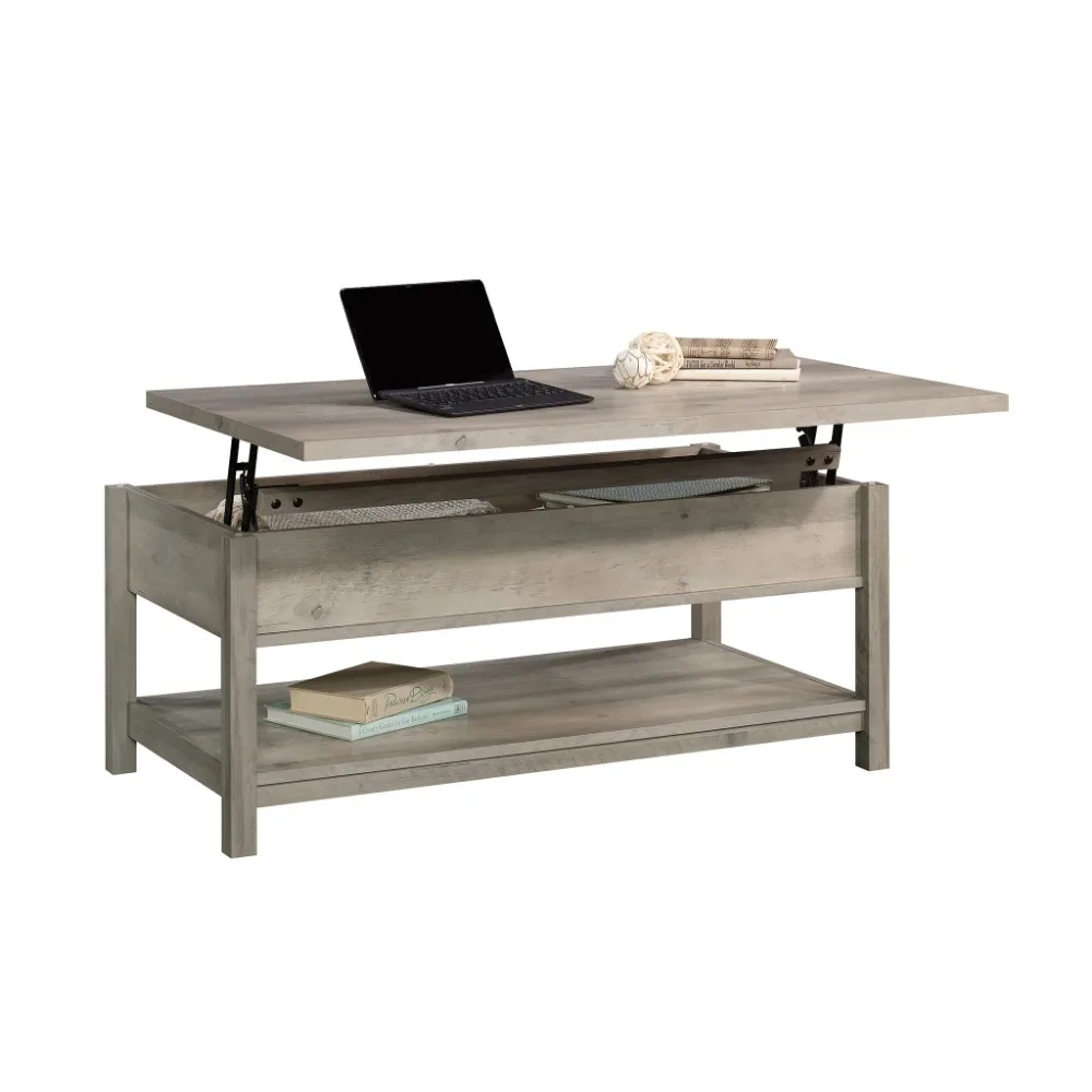 Modern Farmhouse Lift Top Coffee Table, lift-top surface, hidden storage, an open shelf for display, Rustic Gray/Rustic White 6