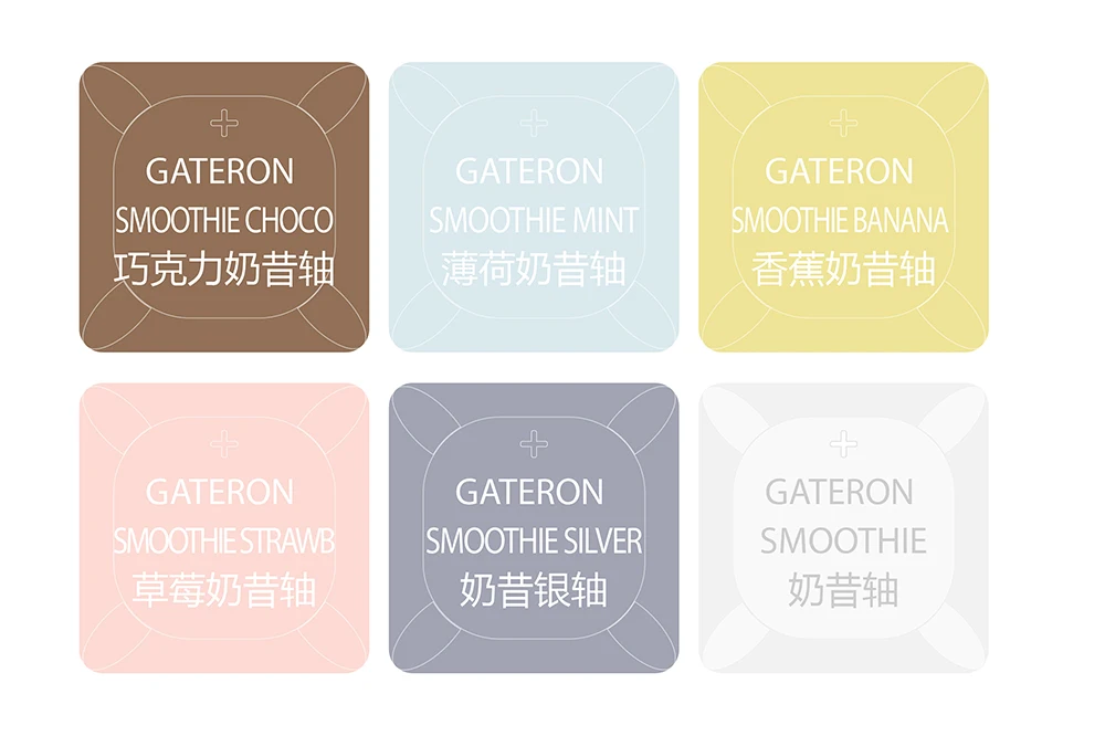 Gateron Smoothie Switch Tester Set with Blank Keycaps and Acrylic Base - Chocolate Mint Banana Silver Color Palette