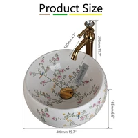 Zappo อ่างล้างหน้าเซรามิคสำหรับห้องน้ำ, อ่างล้างหน้าทรงกลมแบบผสมสำหรับอ่างล้างหน้าในห้องน้ำก๊อกน้ำอ่างล้างจานลายดอกไม้และนก 2