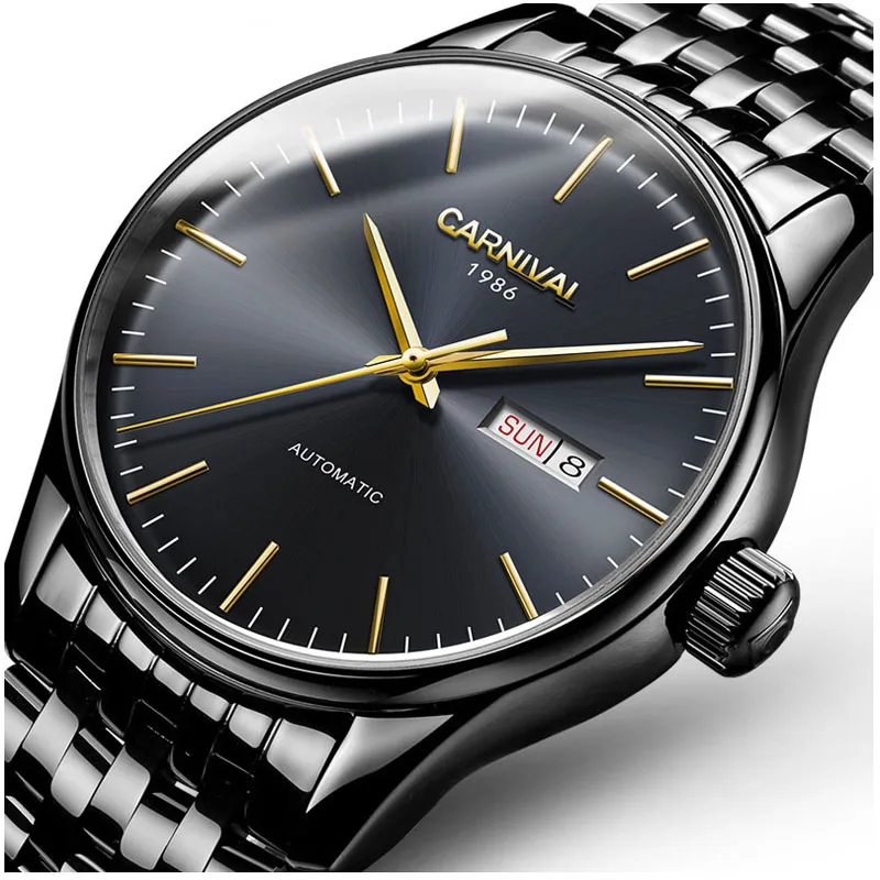 

CARNIVAL Brand Luxury Black Steel Automatic Men Watches Waterproof Date Sport Mechanical Watch Men Clock Gold Hand reloj hombre