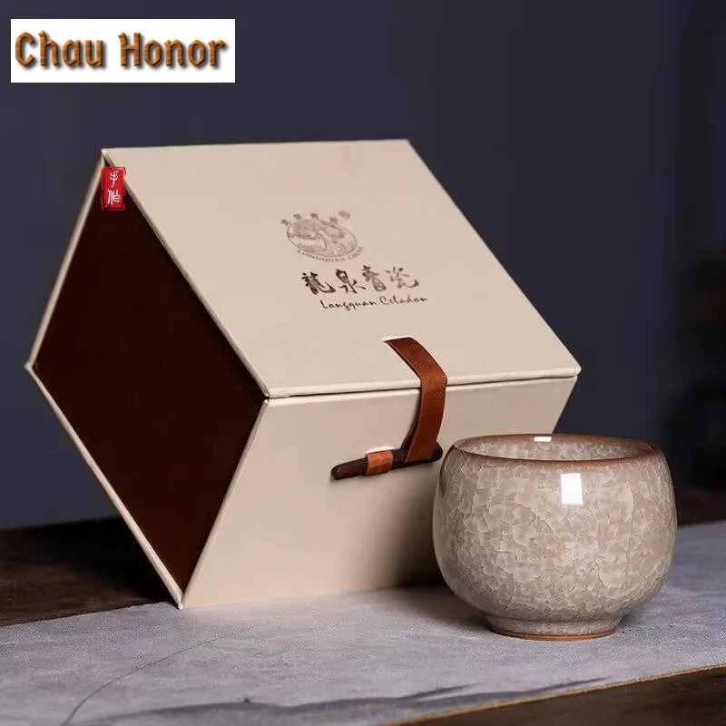100ML Longquan Celadon Teacup Handmade Ice Cracking Ceramic Master Cup Luxury Sample Tea Cup Tea Bowl Tea Items Craft Gift Box