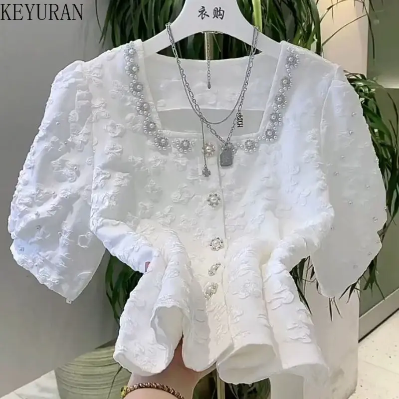 

Блузка женская летняя с квадратным вырезом, коротким рукавом и буфами