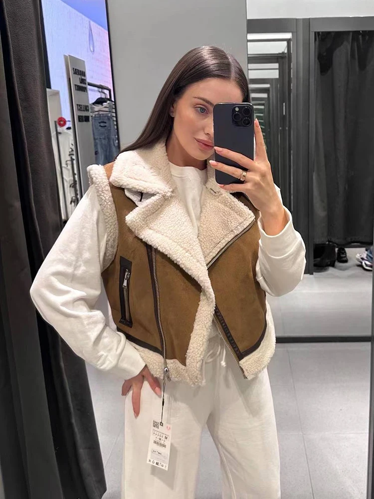 

French Warm Women's Fur Vest Stand Collar With Metal Buckle Front Asymmetric Zipper Sleeveless Waistcoat Female Vintage Vests