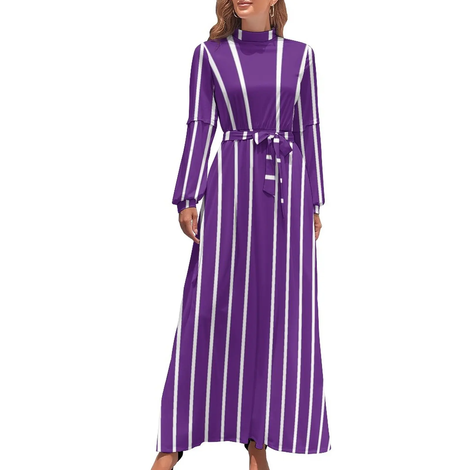 

Purple And White Striped Dress High Neck Vertical Stripes Print Boho Beach Dresses Long-Sleeve Casual Long Maxi Dress Vestido
