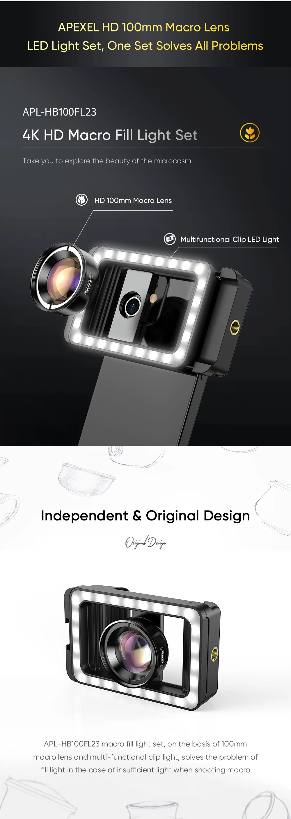New Upgrated 4k HD 100mm Macro Lens With LED Fill Light Universal Clamp Micro Le