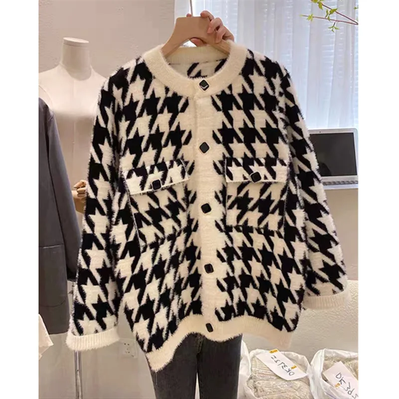 Imitation Mink Knit Button Up Cardigan Sweater Houndstooth Plaid warm knitted outwear fall autumn winter spring korean cloth y2k