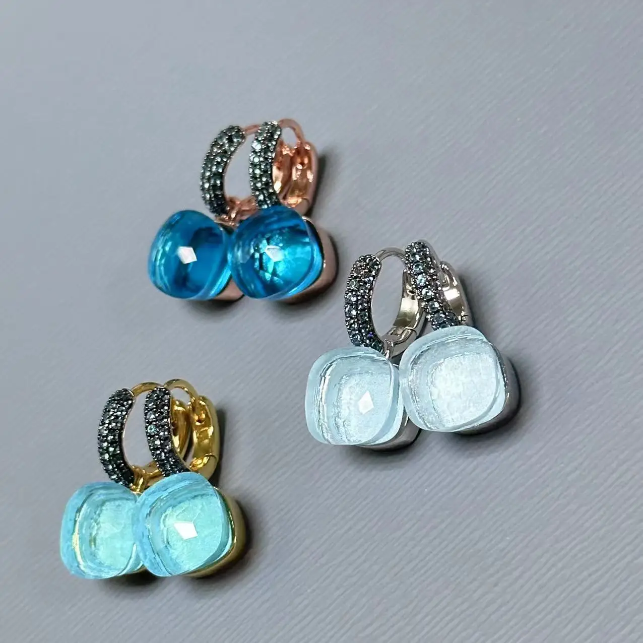 KAISQJEW 10.6mm Classic Nudo Earrings Inlay Blue Topaz Zircon With Black Gun Plated Crystal Earrings Fashion Jewelry For Women