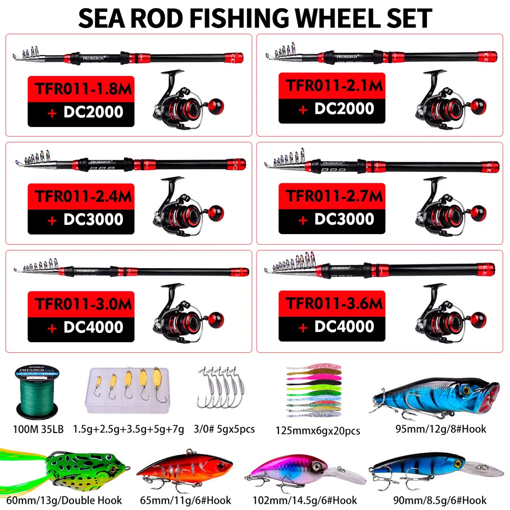 PROBEROS 1.8m-3.6m Telescopic Fishing Rod +Spinning Reel Combos