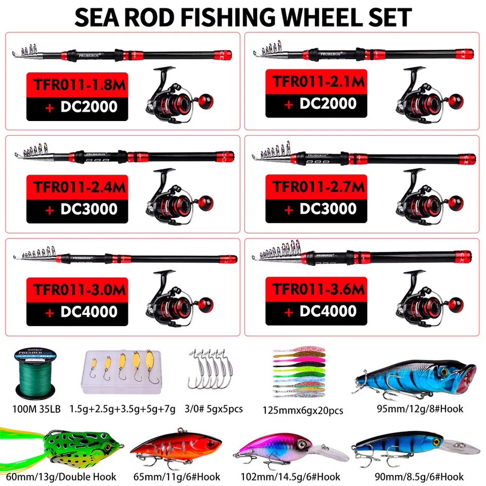 PROBEROS 1.8m-3.6m Telescopic Fishing Rod +Spinning Reel Combos