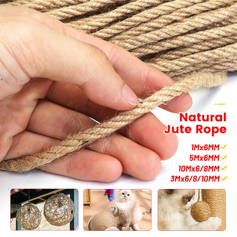 Natural Jute Rope Heavy Duty Twine Hemp 6mm/8mm/10mm  Twisted Cord Macrame String DIY Craft Handmade Decoration Pet Scratching