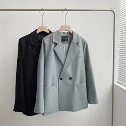 Outono cor sólida elegante azul blazer feminino jaqueta estilo coreano solto decote em v manga comprida cardigan