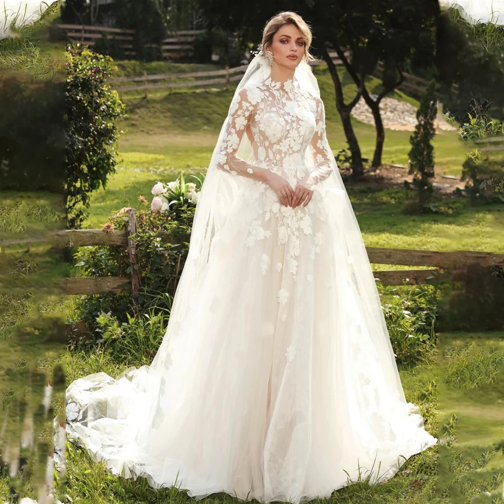 Vintage High Neck Full Sleeves Lace Applique Tulle A Line Wedding Dresses | eBay Vintage High Neck Full Sleeves Lace Applique Tulle A Line Wedding Dresses | eBay