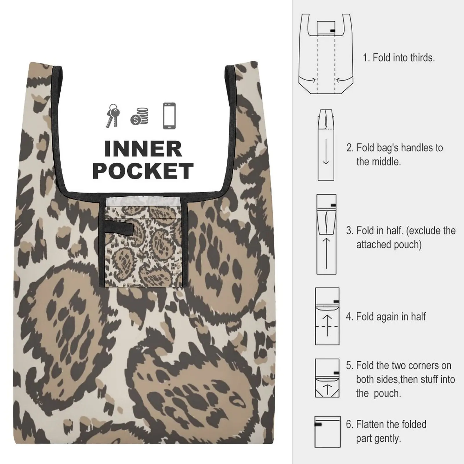 Customized Printed Collapsible Shopping Bag Double Strap Handbag Leopard Print Tote Casual Woman Grocery Bag Custom Pattern
