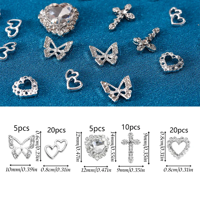 60PCS 실버 네일 참 크리스탈 하트 네일 참 3D 합금 크로스 네일 참 금속 나비 참 네일 보석 라인스톤