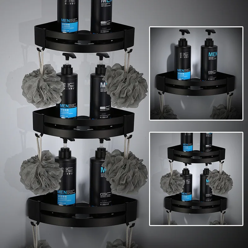 

Space Aluminum Corner Shelf Bathroom Accessories Set Shampoo Holder Black Shower Baskets Floating Shelves Wall Mounted