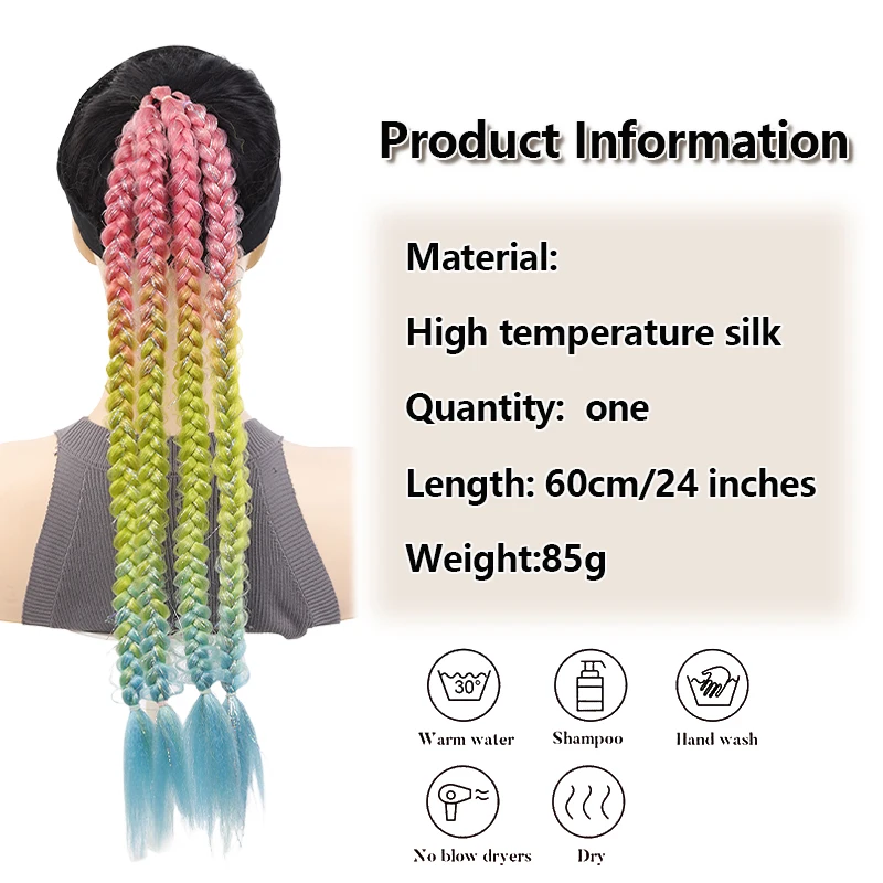 합성 헤어 무지개빛 땋은 머리 포니테일 ? 3톤 그라데이션, 긴 트위스트 디자인, 거리 및 행사 착용 시 시선을 사로잡는 제품