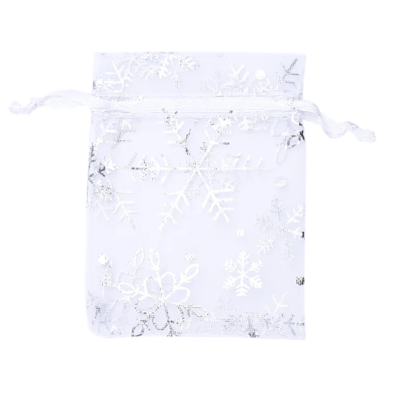 

100 PCS Organza Wedding Gift Bags Drawstring Jewelry Pouch Bags Silver White Snowflakes Printed Sheer Party Favor Bags