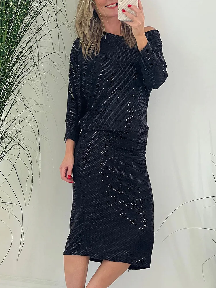 

Three Quarter Sleeve Women Black Dress Streetwear Casual Sequins Patchwork Dress Spring Summer Female Loose Solid Holiday Dress