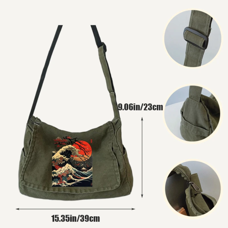 Artistic Women's Shoulder Bag Japanese Wave Print Large Capacity Canvas Crossbody Messenger Bag