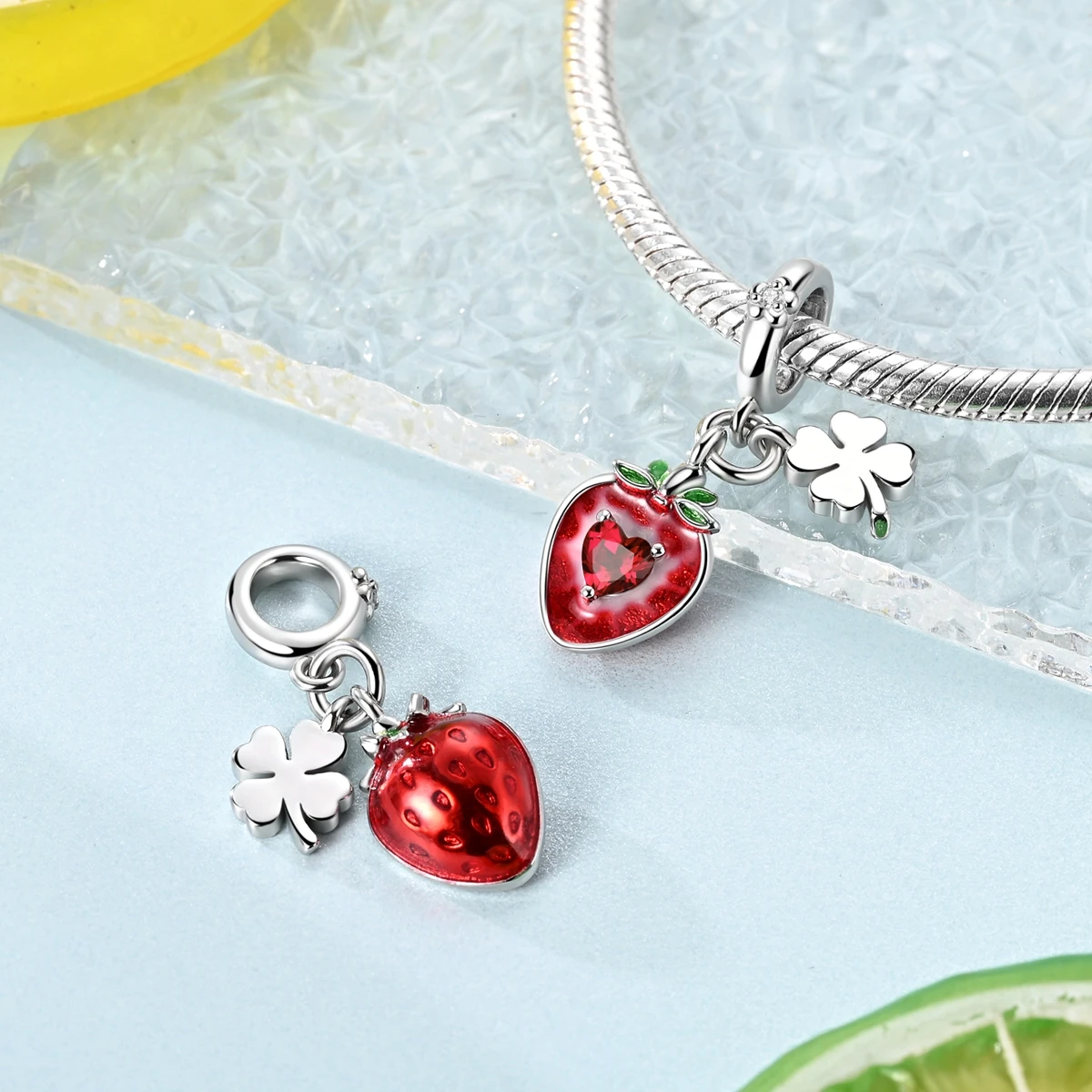Silver Fruit Charm Bead Pendant - Strawberry, Cherry, Avocado Design