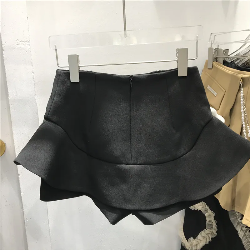 Double Zipper Ruffle Hem Casual Culotte Versatile Short Skirt Women's 2022 Spring New Korean High Waist A- Line Black Mini Skirt black denim skirt