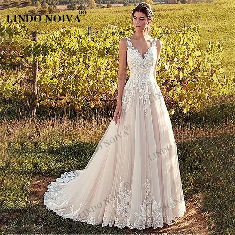 

Элегантное свадебное платье LINDO NOIVA с V-образным вырезом, а-силуэт, с аппликацией, в пол, кружевное платье невесты с открытой спиной, свадебные платья