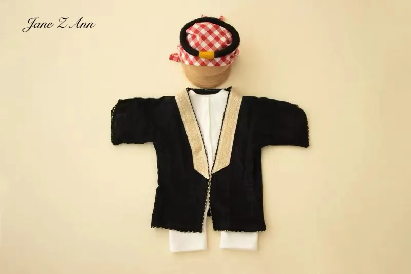 Newborn photography props baby arabic clothing set muslim costume headscarf+white romper+black robe