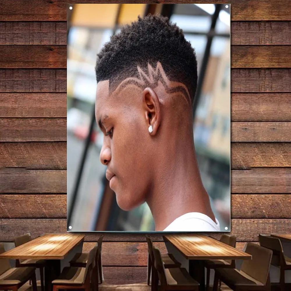 

Black Drop Fade Haircut Poster for African Men - Haircut & Shave Service Wall Art Tapestry Barber Shop Wall Decor Banner & Flag