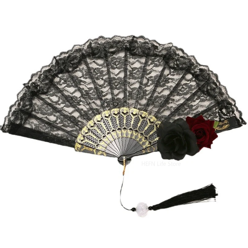 Lolita Gothic Fan Victorian Female Lace Hand Fan Vintage Black White Red Rose Bamboo Fans Cosplay Halloween Party Supplies