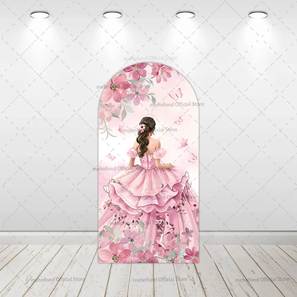 Mehofond 사용자 정의 양면 세이지 Quinceanera 꽃 공주 드레스 소녀 생일 파티 커버 Chiara Arch 배경 장식 배경